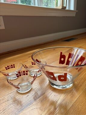 Vintage MCM Wheaton Glass Salad Bowl Set 4 pc Pop Art 1970s Retro Red Topography